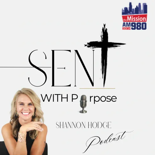 Sent With Purpose podcast artwork — Shannon Hodge with cross and microphone